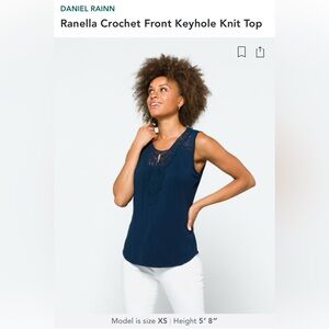 DANIEL RAINN Ranella Crochet Front Keyhole Knit Top | Small | Navy